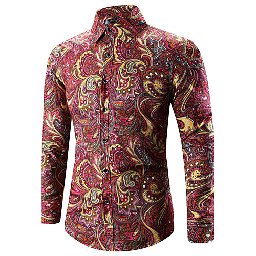 

Men's Shirt Paisley Tribal Plus Size Print Long Sleeve Daily Tops Vintage Boho Classic Collar Fuchsia Gold Black / Fall / Spring