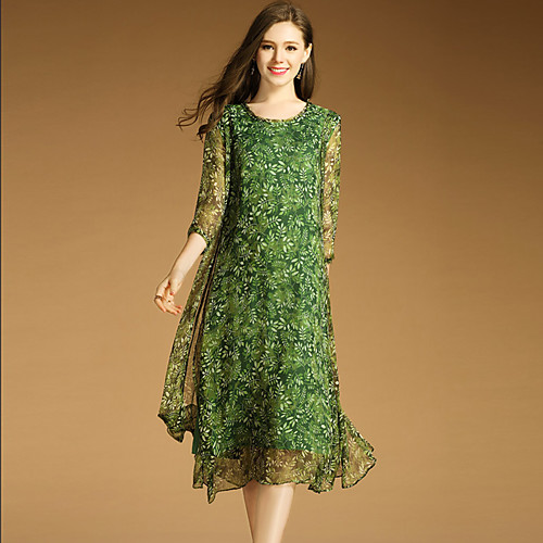 

Women's Swing Dress Midi Dress Green Graphic Split Print Spring Summer Round Neck Casual Going out M L XL XXL 3XL / Plus Size / Plus Size