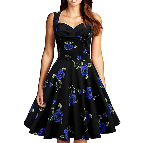 

Women's A Line Dress Knee Length Dress Blue Purple Red Sleeveless Rose Floral Print Summer Hot Vintage Going out Floral S M L XL XXL 3XL / Plus Size / Plus Size