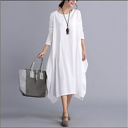 

Women's Tunic Midi Dress White Red Long Sleeve Red Solid Colored Spring Summer Round Neck M L XL XXL / Cotton / Cotton