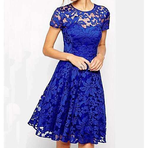 

Women's Skater Short Mini Dress Blue Black Short Sleeve Blue Solid Colored Lace Summer Round Neck Sophisticated Going out Lace S M L XL
