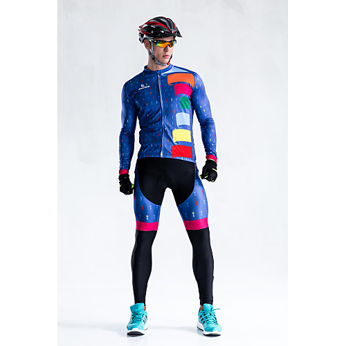 

Men's Long Sleeve Cycling Jersey with Bib Tights Winter Fleece Coolmax Spandex Blue Bike Bib Tights Windproof Fleece Lining Anatomic Design Ultraviolet Resistant Quick Dry Sports Patterned Mountain