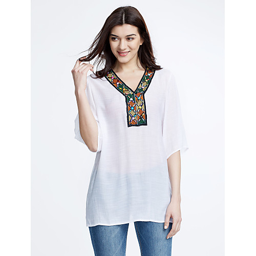 

Women's Plus Size Embroidered Loose Blouse Daily Weekend V Neck White / Navy Blue