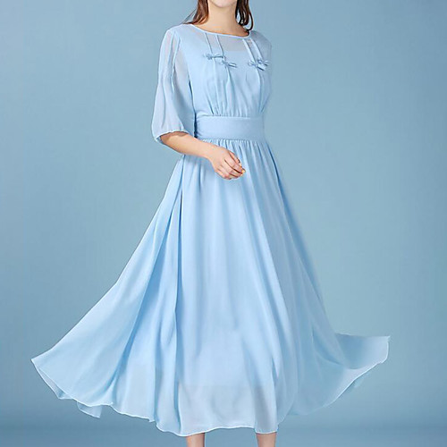 

Women's Chiffon Dress Maxi long Dress Light Blue Blue Solid Colored Summer Round Neck Going out S M L XL