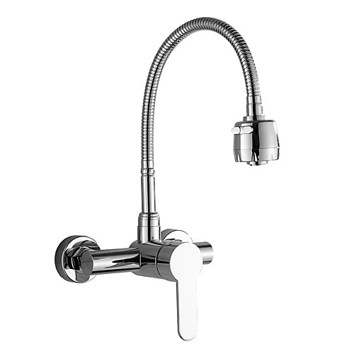 

Wall Mounted Brass Kitchen Faucet,Rotatable Modern Chrome Tall High Arc Standard Spout Kitchen Faucet with Hot and Cold Switch and Valve