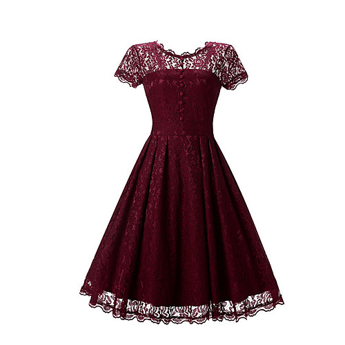

Women's Swing Dress Short Mini Dress Wine Black Navy Blue Short Sleeve Solid Colored Round Neck Vintage Sophisticated Party Work Lace M L XL XXL