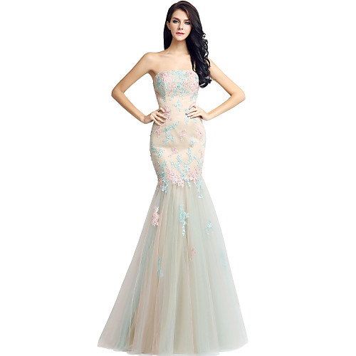 

Mermaid / Trumpet Strapless Floor Length Lace / Tulle Formal Evening Dress with Lace by