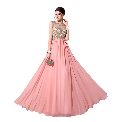 

Sheath / Column Illusion Neck Floor Length Chiffon Beautiful Back Prom / Formal Evening Dress with Appliques by