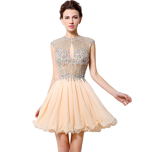 

A-Line Illusion Neck Short / Mini Chiffon Open Back Cocktail Party Dress with Beading / Crystals by LAN TING Express