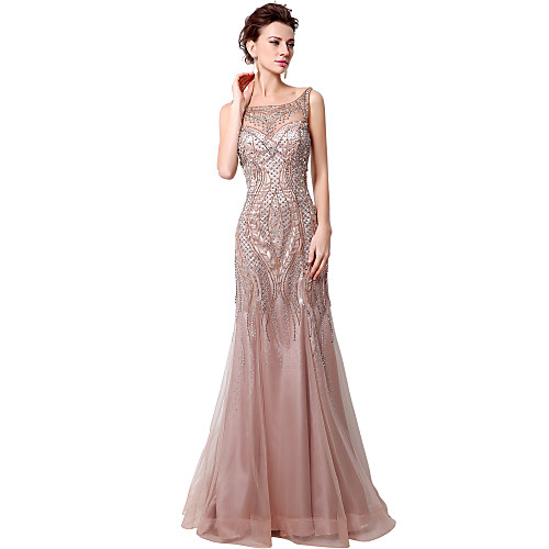 

Mermaid / Trumpet Bateau Neck Floor Length Tulle Sparkle & Shine Formal Evening Dress with Beading by