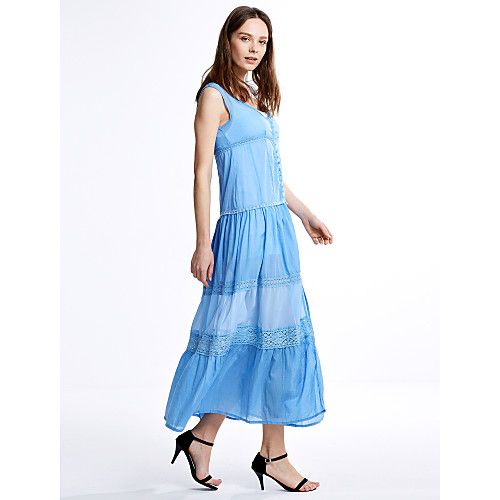 

Women's Maxi long Dress A-Line Dress - Sleeveless Patchwork Lace Mesh Summer V Neck Daily White Light Blue S M L / Cotton