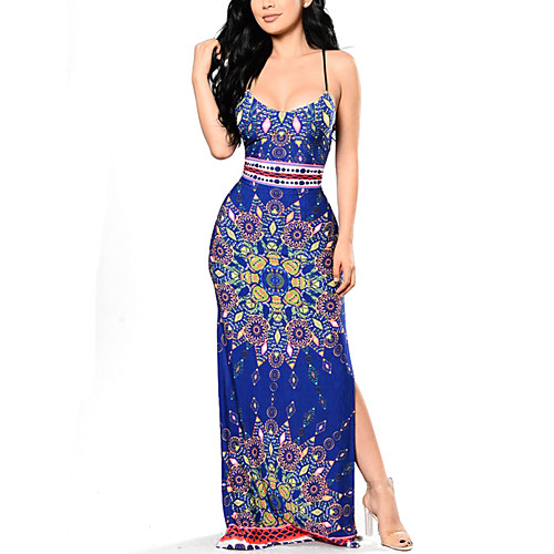 

Women's Strap Dress Maxi long Dress Blue White Sleeveless Blue Backless Criss Cross Print Spring Summer Streetwear Boho Party Holiday Going out Skinny Boho Bohemia Beach S M L XL