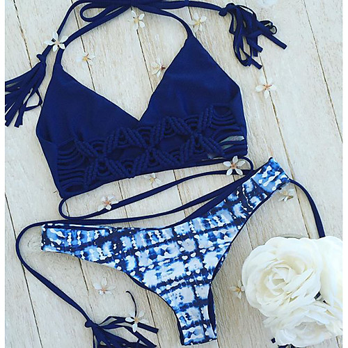 

Women's Bikini Swimsuit Print Geometric Blue Swimwear Halter Neck Bathing Suits Floral