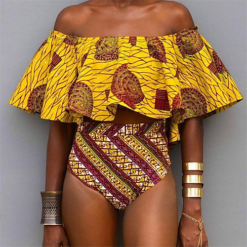 

Women's Bikini Swimsuit Tribal Print Off Shoulder Swimwear Bathing Suits Yellow