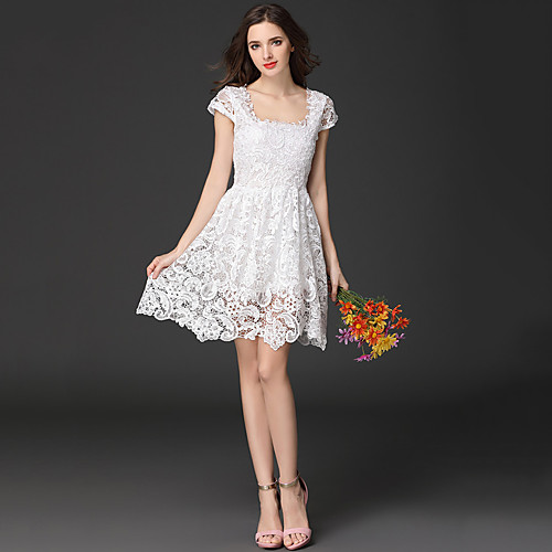 

Women's A Line Dress Short Mini Dress White Black Red Short Sleeve White Solid Colored Summer Square Neck Party Holiday Lace S M L XL