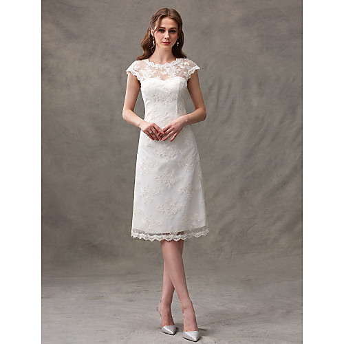 

A-Line Wedding Dresses Jewel Neck Knee Length Floral Lace Cap Sleeve Casual See-Through Backless with Lace Draping 2021