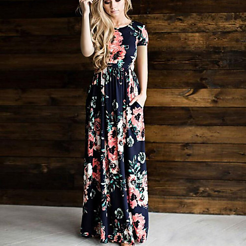 

Women's Swing Dress Maxi long Dress Blushing Pink Green White Navy Blue Short Sleeve Floral Print Summer Round Neck Holiday Floral S M L XL XXL