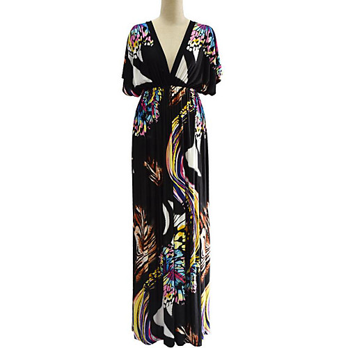 

Women's Swing Dress Maxi long Dress Black Short Sleeve Geometric Backless Print Summer Deep V Boho Batwing Sleeve L XL XXL 3XL 4XL 5XL 6XL 7XL / Plus Size / Plus Size