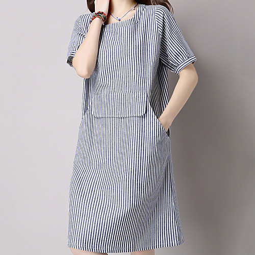 

Women's Loose Knee Length Dress Blue Short Sleeve Striped Summer Round Neck Chinoiserie Going out Work Loose M L XL XXL / Cotton / Cotton