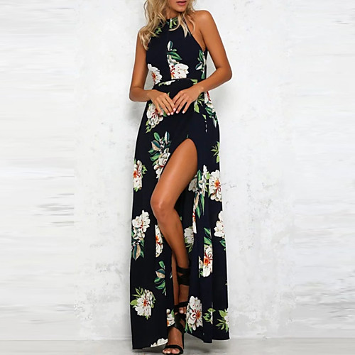 

Women's Swing Dress Maxi long Dress Khaki White Navy Blue Sleeveless Print Halter Neck Sophisticated Party Backless S M L XL XXL / Floral / Sexy