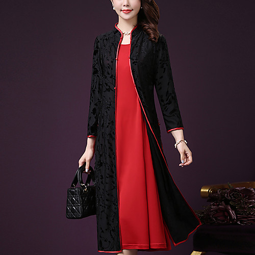 

Women's A Line Dress Midi Dress Purple Red Long Sleeve Color Block Lace Fall Summer Stand Collar Loose M L XL XXL 3XL 4XL 5XL / Plus Size / Plus Size