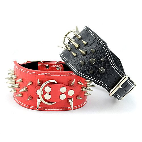 

Dog Collar Adjustable / Retractable Studded Rivet Solid Colored Genuine Leather Black Red