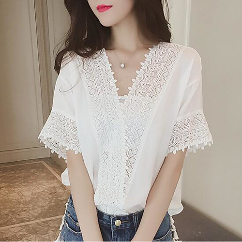 

Women's Blouse Solid Colored Lace Short Sleeve Daily Tops White Blushing Pink