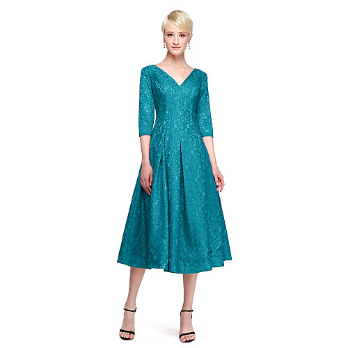 

Ball Gown V Neck Tea Length Lace Bridesmaid Dress with Lace