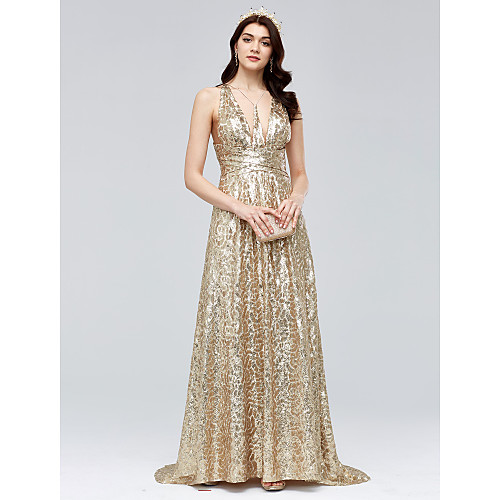 

Sheath / Column Beautiful Back Sparkle & Shine Prom Formal Evening Dress V Neck Sleeveless Sweep / Brush Train Sequined with Ruched 2020