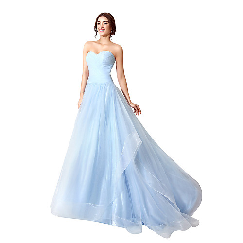 

Ball Gown Formal Evening Dress Sweetheart Neckline Sleeveless Court Train Tulle with Side Draping 2021
