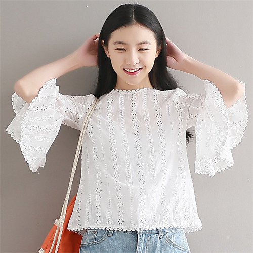 

Women's Blouse Embroidered Classic Style Long Sleeve Daily Tops Cotton White