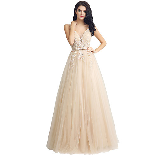 

Sheath / Column Plunging Neck Floor Length Lace / Tulle Formal Evening Dress with Beading / Lace by