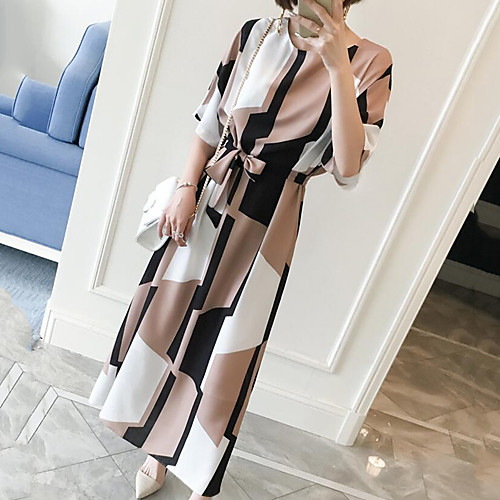 

Women's Shift Dress Knee Length Dress Light Brown Short Sleeve Geometric Summer Round Neck Vintage Work S M L XL XXL 3XL / Plus Size / Plus Size