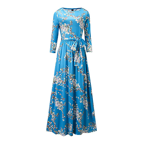 

Women's Sheath Dress Maxi long Dress Blue Long Sleeve Blue Floral Fall Spring Round Neck Streetwear Sophisticated Party Holiday Floral S M L XL XXL 3XL / Plus Size / Plus Size