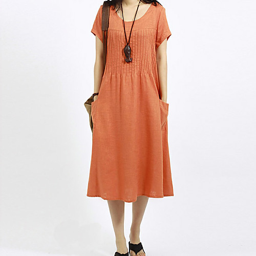 

Women's Loose Midi Dress Army Green Orange Short Sleeve Solid Colored Summer Round Neck Boho Going out M L XL XXL / Plus Size / Plus Size