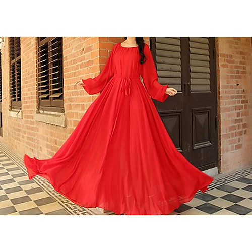 

Women's Chiffon Dress Maxi long Dress Fuchsia Lilac White Red Long Sleeve Solid Colored Stylish Spring Summer Round Neck Vintage Streetwear Party S M L XL / Cotton / Silk / Cotton