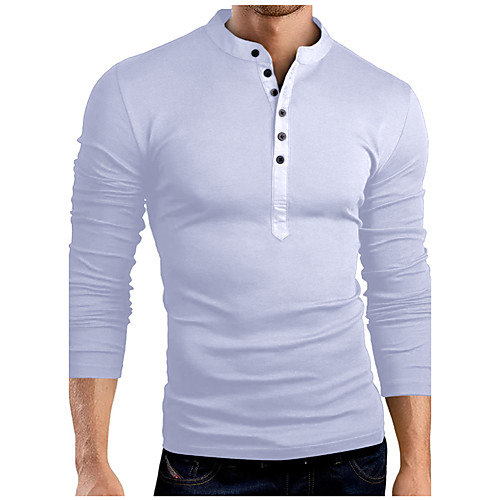 

Men's T shirt Shirt Graphic Solid Colored Long Sleeve Birthday Slim Tops Cotton Basic Stand Collar White Army Green Light Brown / Fall / Spring
