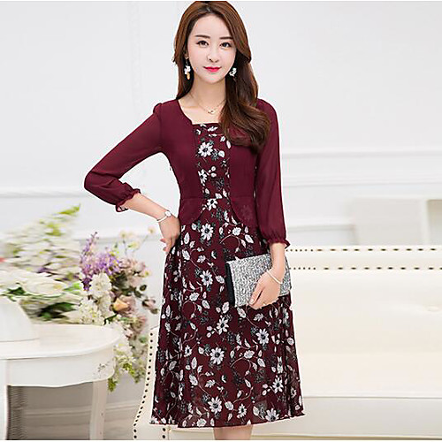 

Women's Skater Knee Length Dress Blue Wine Khaki Green Long Sleeve Geometric Summer Square Neck M L XL XXL 3XL / Cotton / Plus Size / Plus Size / Cotton