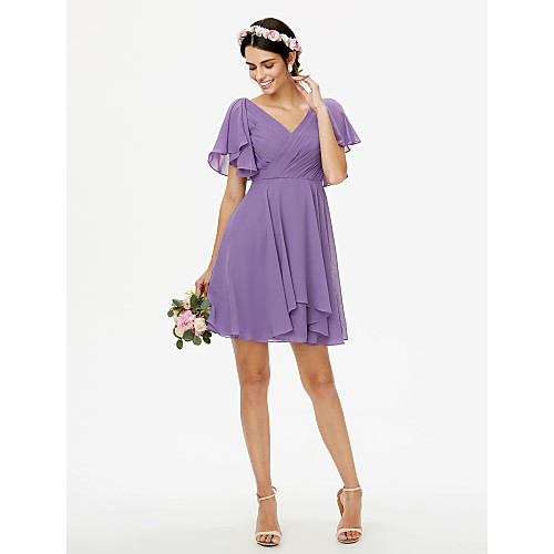 

A-Line V Neck Short / Mini Chiffon Bridesmaid Dress with Criss Cross / Pleats / Side-Draped / Open Back