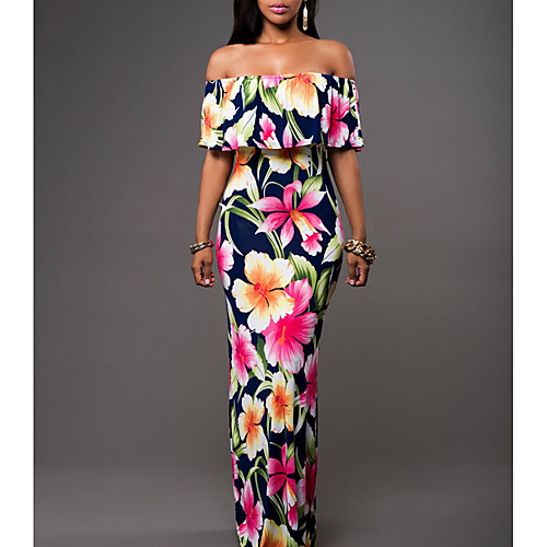 

Women's Sheath Dress Maxi long Dress Navy Blue Green Sleeveless Floral Ruffle Summer Off Shoulder Boho Holiday Petal Sleeves Slim Off Shoulder S M L XL XXL 3XL / Plus Size / Plus Size