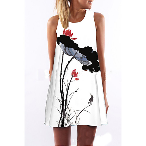 

Women's Shift Dress Short Mini Dress White Sleeveless Floral Print Summer Round Neck S M L XL XXL