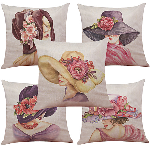 

5 pcs Linen Natural / Organic Pillow Cover Pillow Case, Print Textured Retro Traditional / Classic Bolster