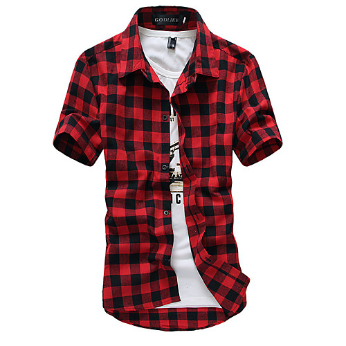 

Men's Shirt Plaid Short Sleeve Daily Tops Chinoiserie Black Blue Red