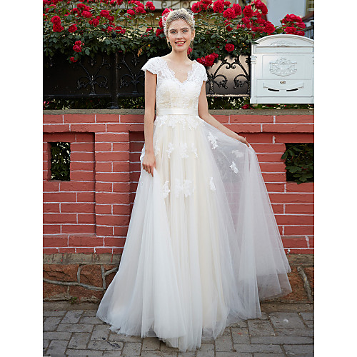 

A-Line Wedding Dresses V Neck Floor Length Lace Over Tulle Short Sleeve with Sash / Ribbon Appliques 2021