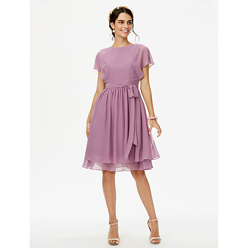

A-Line Jewel Neck Knee Length Chiffon Bridesmaid Dress with Sashes / Ribbons / Bow(s) / Pleats
