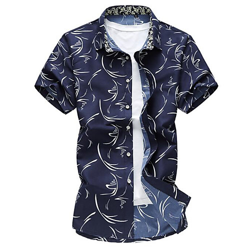 

Men's Shirt Geometric Plus Size Print Short Sleeve Daily Slim Tops 100% Cotton Classic Collar White Navy Blue Light Blue / Summer / Beach