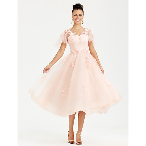 

A-Line Elegant Wedding Guest Cocktail Party Dress V Neck Short Sleeve Tea Length Tulle with Appliques 2021