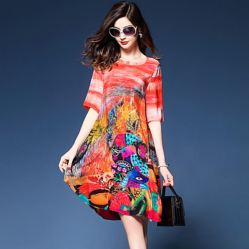 

Women's Loose Knee Length Dress Red Short Sleeve Graphic Print Summer V Neck Streetwear Going out M L XL XXL / Silk