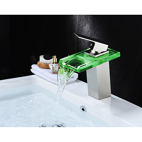 

Transparent Bathroom Sink Faucet - Waterfall / LED Nickel Brushed Centerset Single Handle One HoleBath Taps / Brass