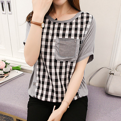 

Women's T shirt Check Classic Style Short Sleeve Daily Tops Cotton Blue Gray